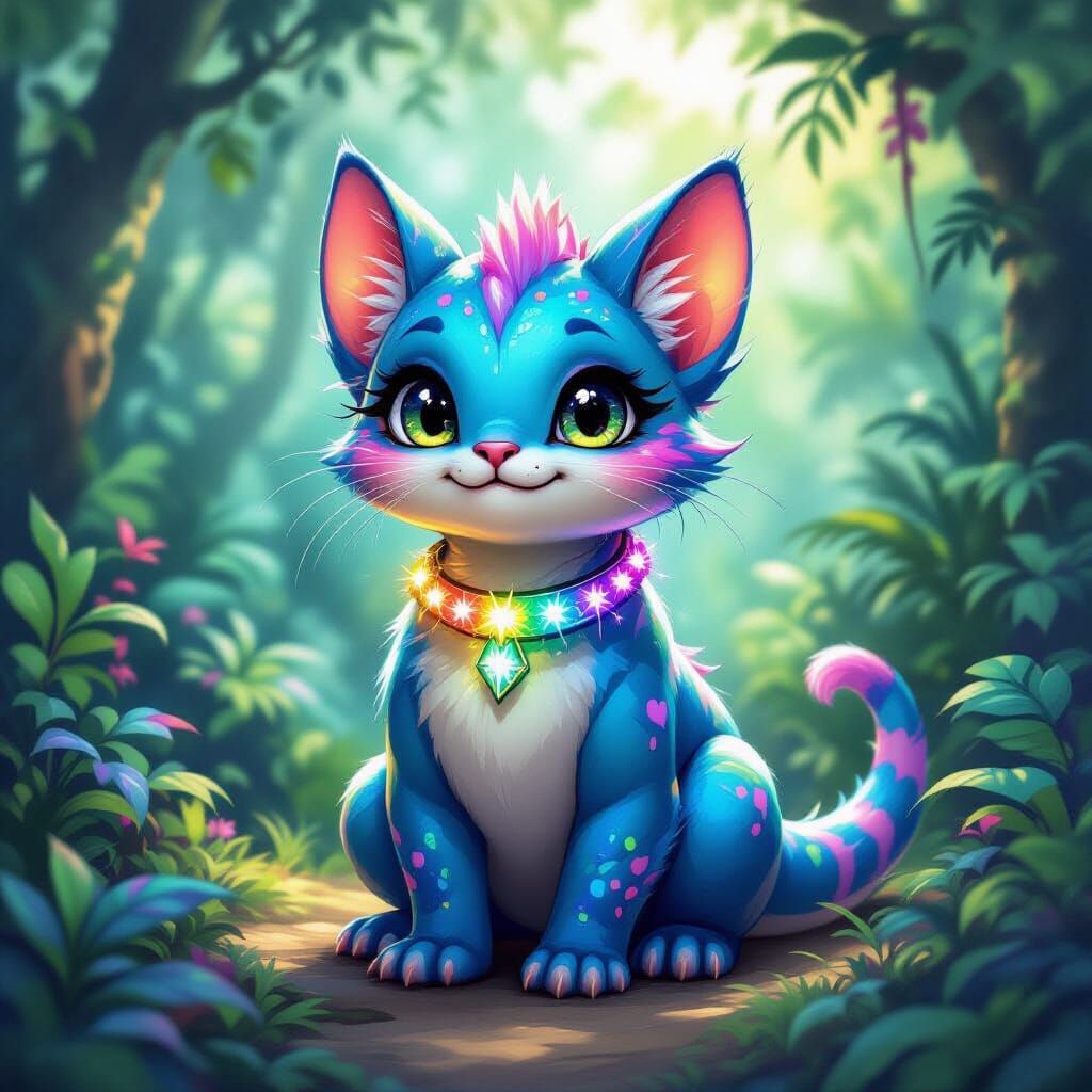 Exotic Dinosaur-Cat Hybrid in Lush Forest, Digital Painting