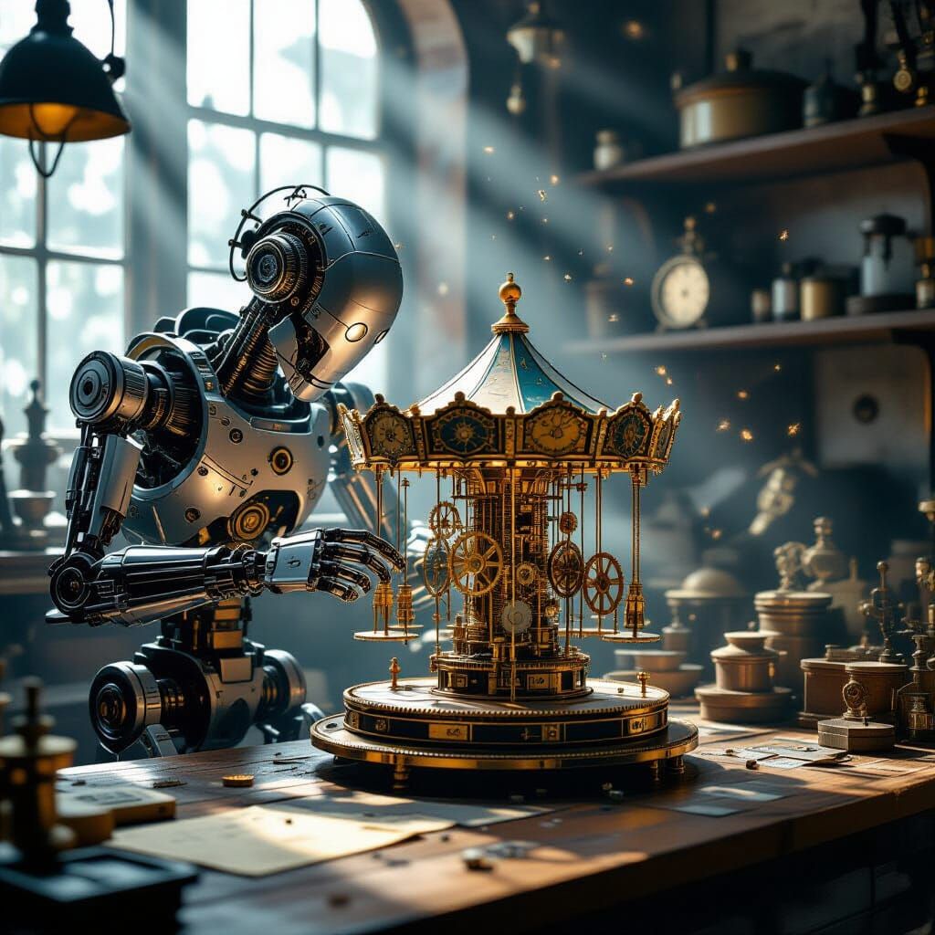 Clockwork Robot Assembling Intricate Carousel in Victorian W...