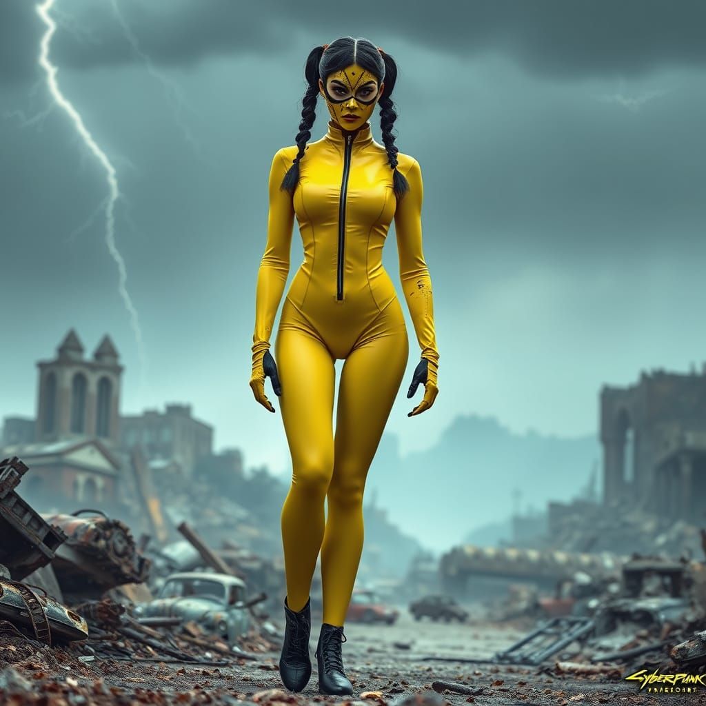 Cyberpunk Woman in Yellow Latex Amidst Post-Apocalyptic Ruin...