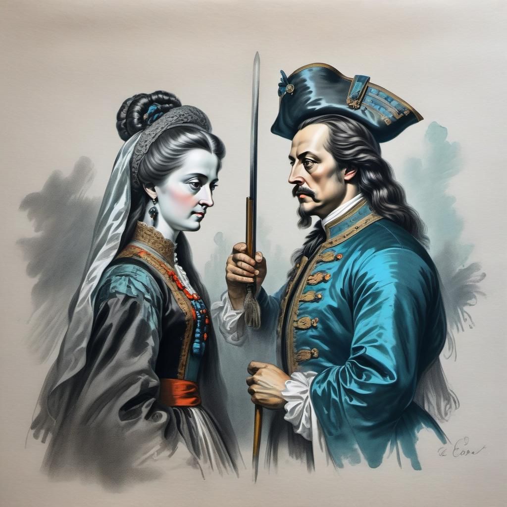 Eudoxia and Peter the Great: Charcoal Drawing