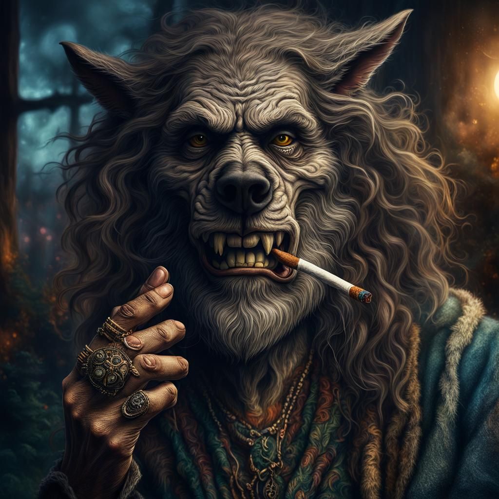 Hyperrealistic Hippie Werewolf Smoking a Joint in HDR