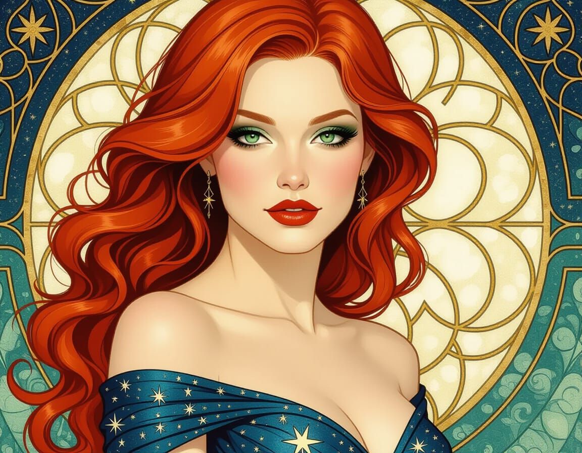 Red-Haired Woman Portrait in Art Deco Style