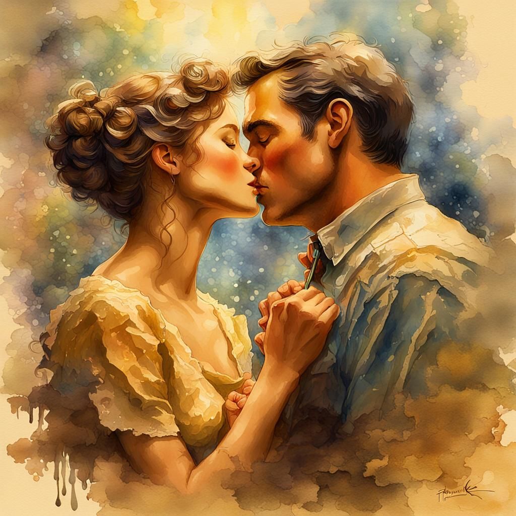 Dreamy Golden Moment of Intimacy in Whimsical Watercolor