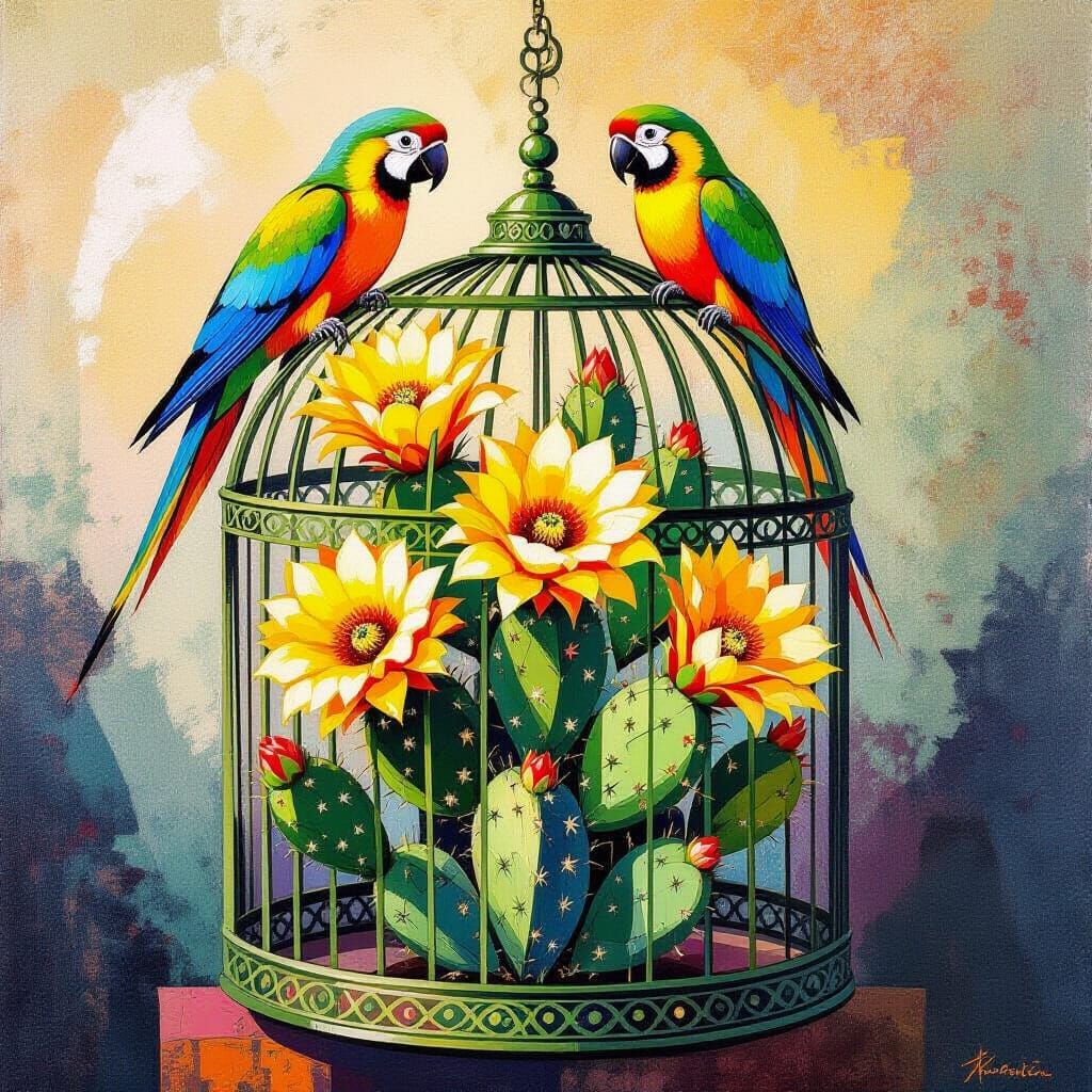 Olive Green Bird Cage with Cactus and Parrots