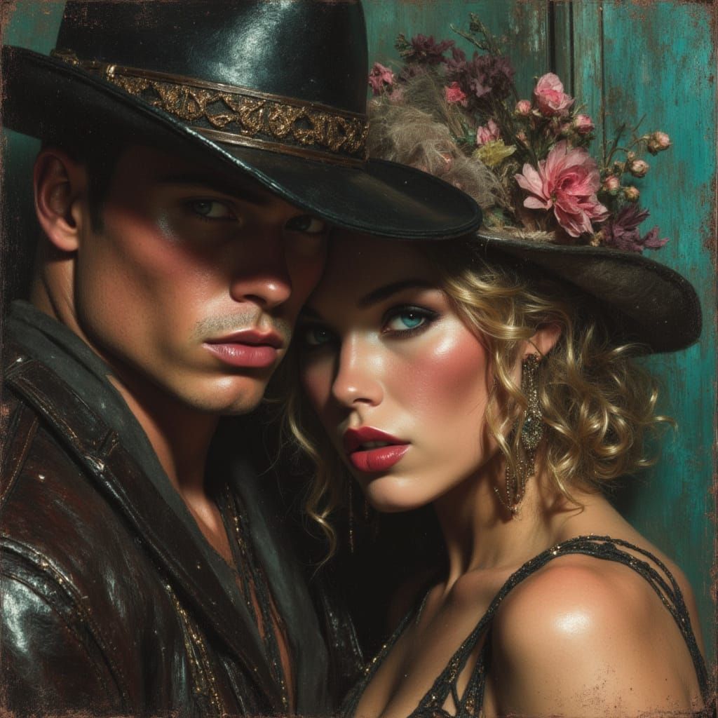 Rugged Cowboy with Icy Blue Eyes in Impasto Style