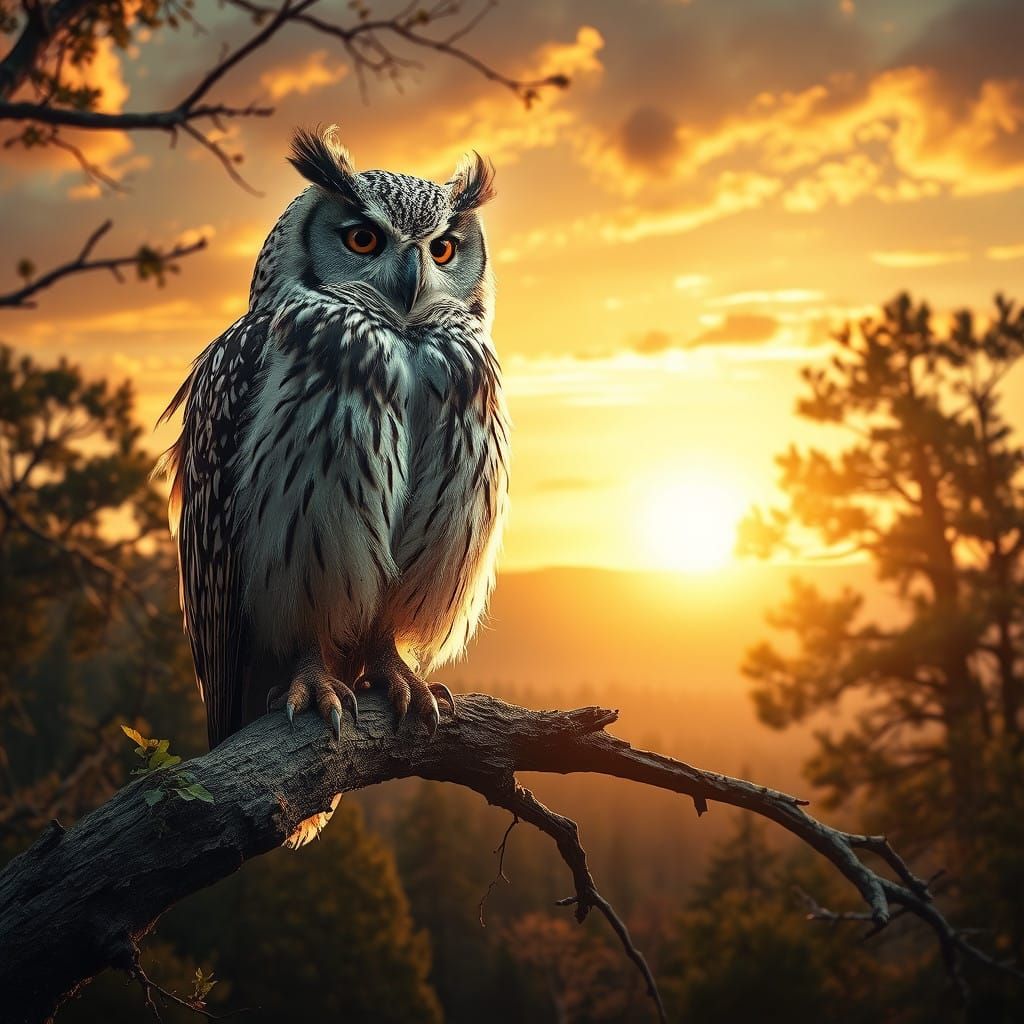 Hyperrealistic Owl Portrait in Golden Hour Landscape