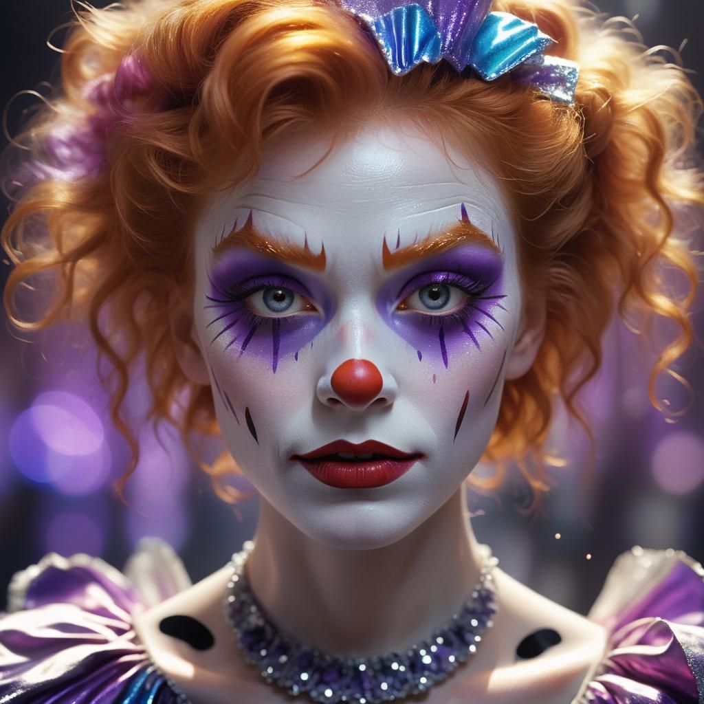Dramatic Portrait of Woman with Purple Clown Makeup