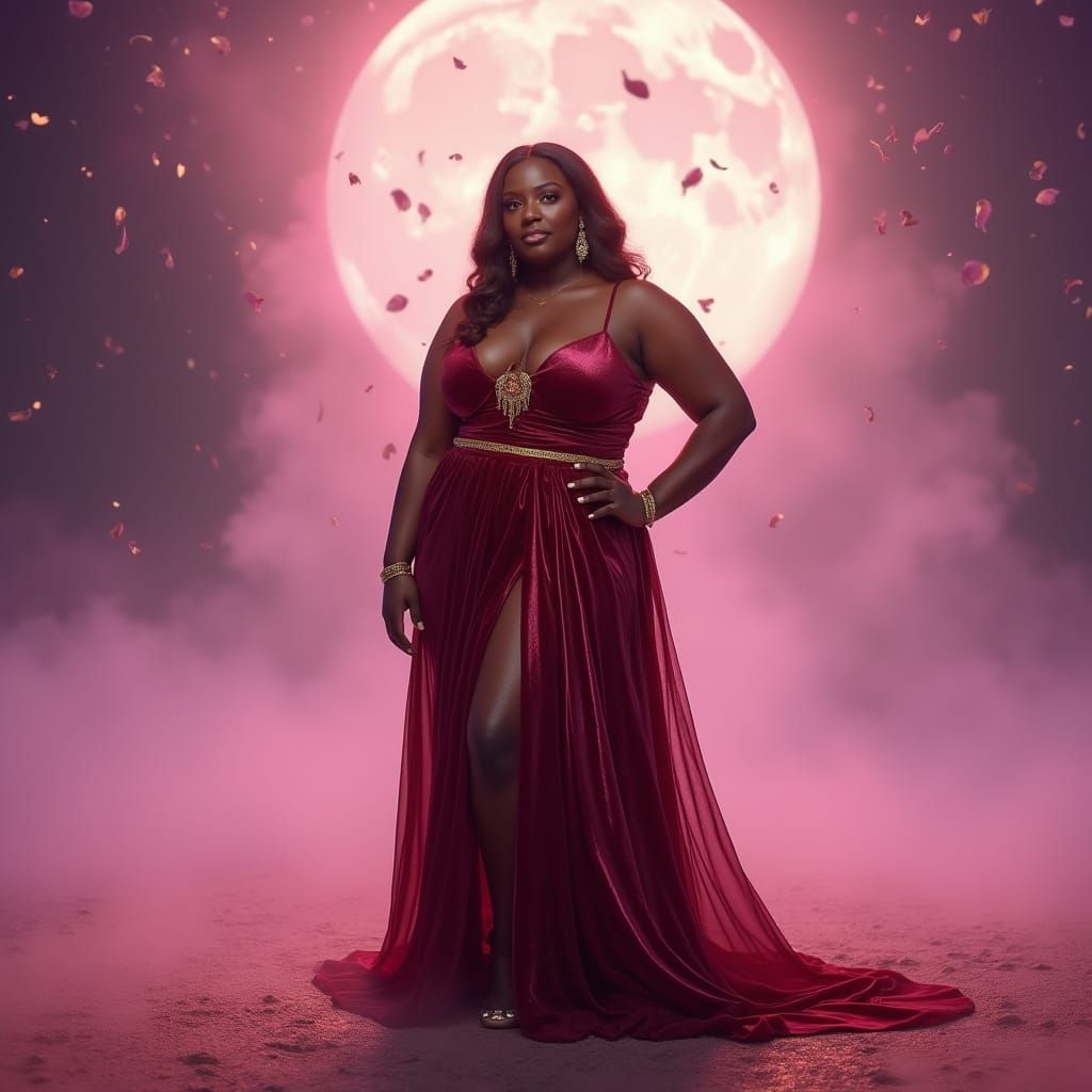 Caribbean Goddess in Rose-Gold Velvet Gown