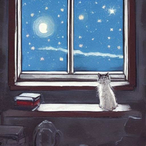 Fluffy Cat Gazes at Starry Night Sky