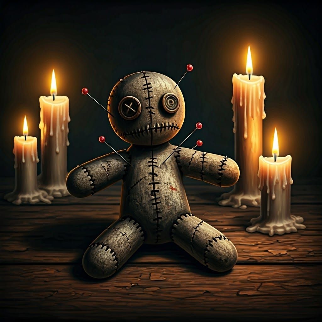 Eerie Voodoo Doll on Altar in Mystical Style