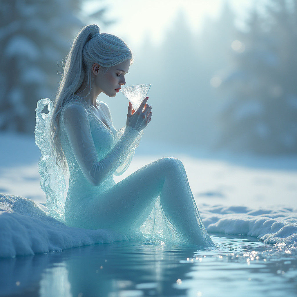 Icy Woman Sipping Drink in Winter Landscape