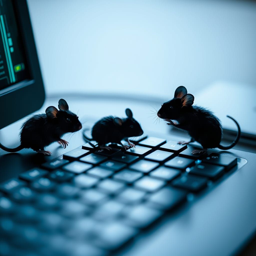 Whimsical Mice Explore Modern Tech in Silhouette