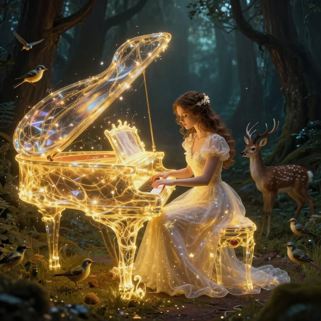 Surreal Lady Plays Glowing Energy Piano in Fantasy Forest