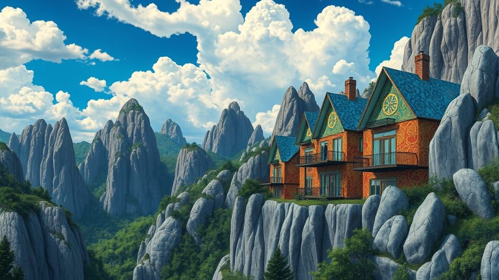 Gustav Klimt-Inspired Science Fiction Landscape with Glowing...