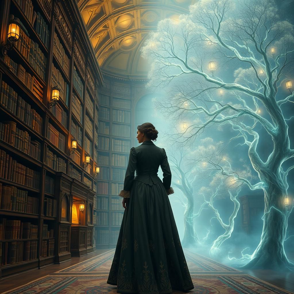 Woman at the Veil: Library Meets Bioluminescent World
