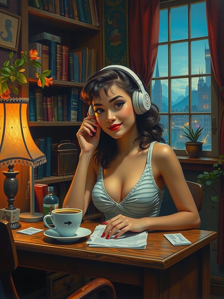 Woman at Laptop in Burtonesque Hyperrealism