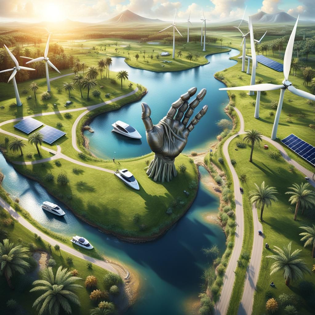 Surreal Giant Hand Landscape with Solar Farm