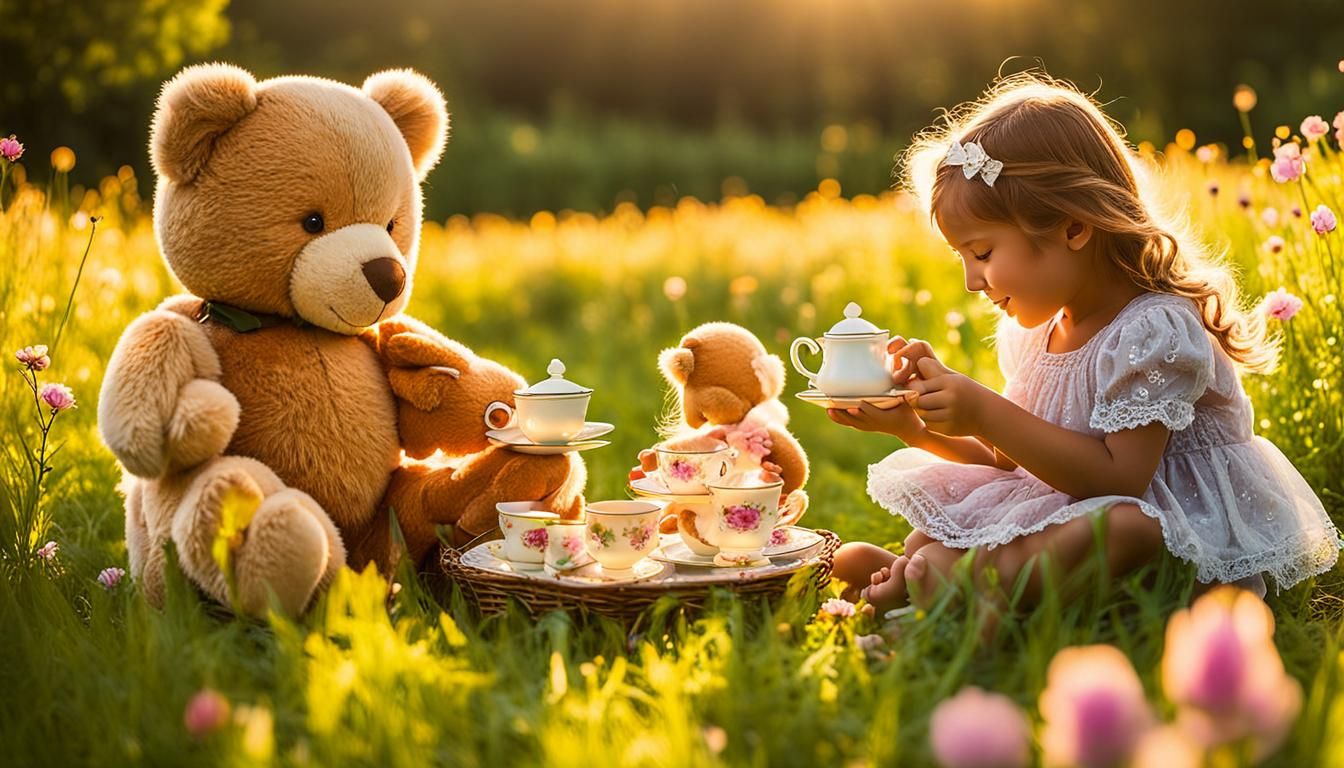 Children's Tea Party with Teddy Bears: Watercolor Painting