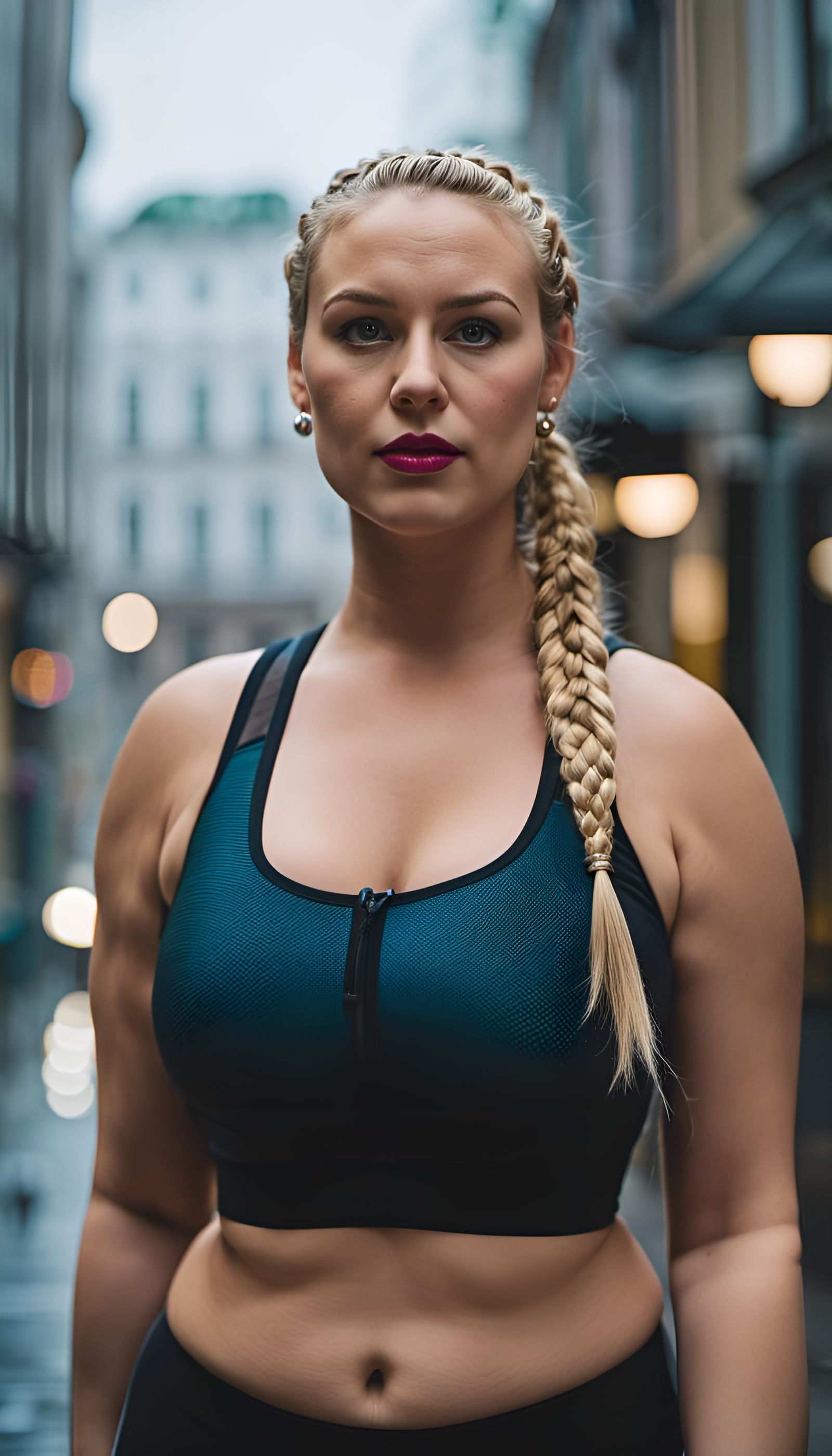Curvy Woman with Braids in Rainy Cityscape