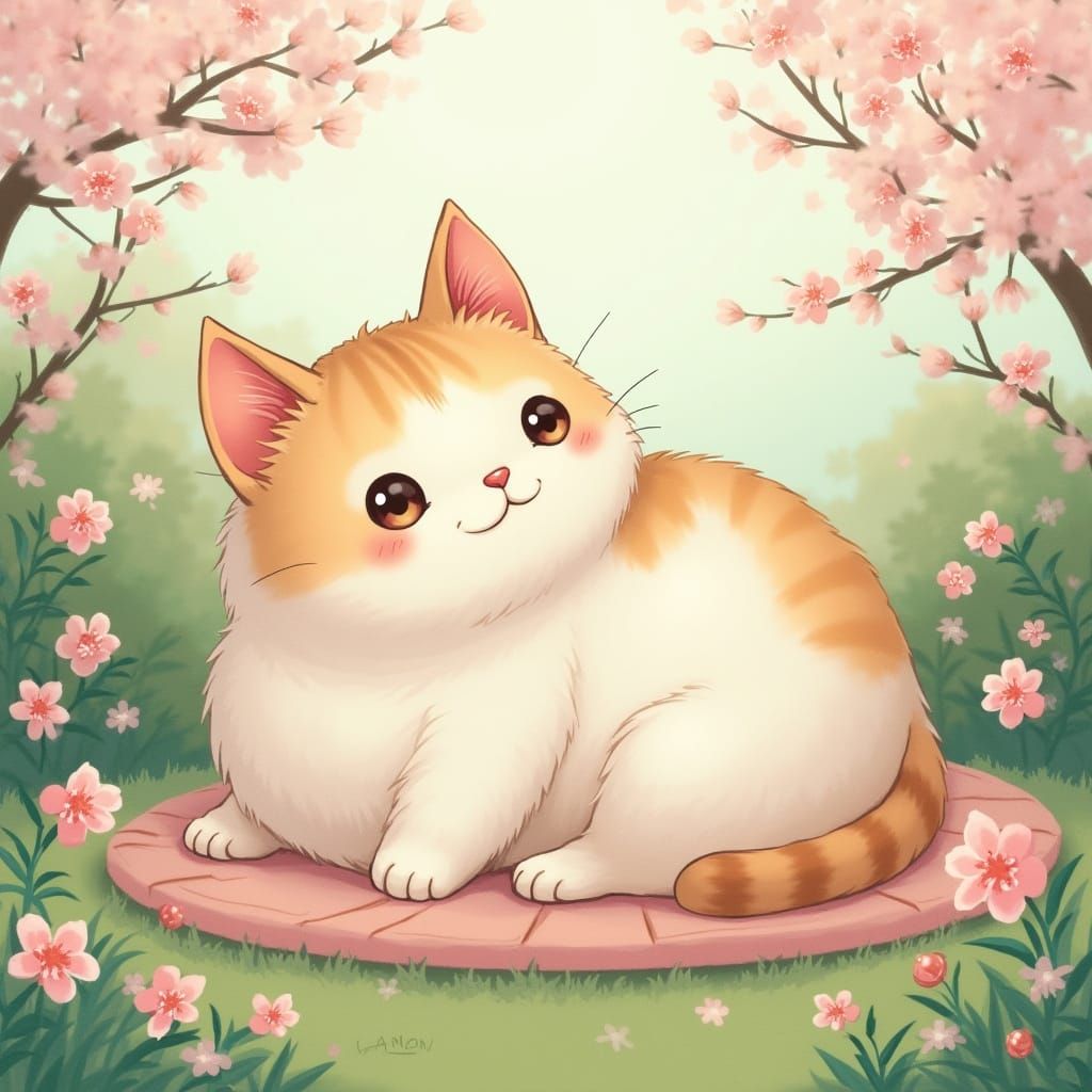 Whimsical Pastel Cat in Dreamy Garden