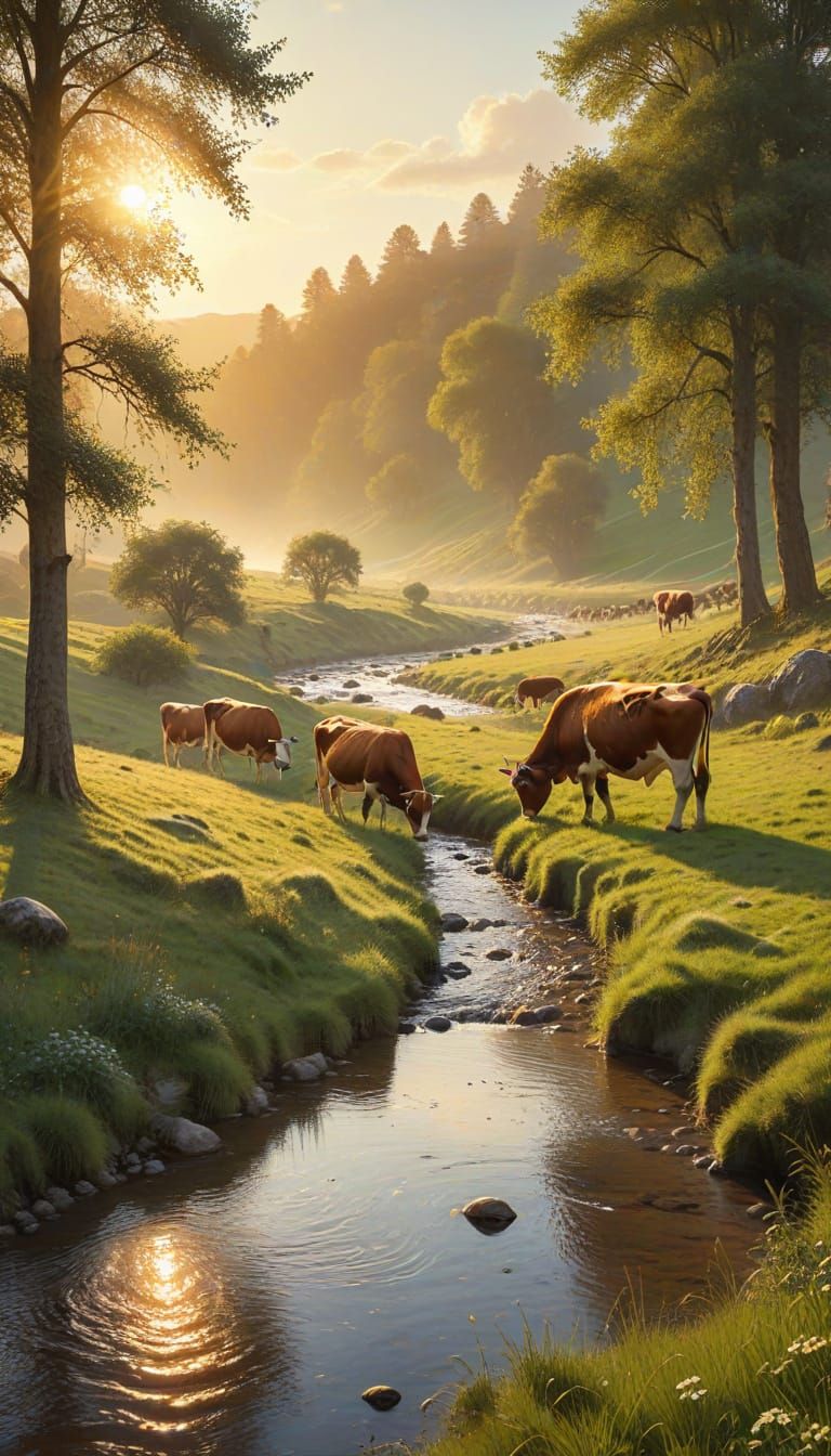 Cows Grazing in Valley: Impressionist Landscape Painting