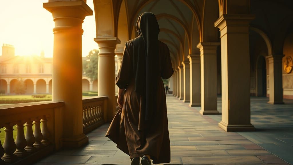 Medieval Nun Walks Through Sunset Cloister