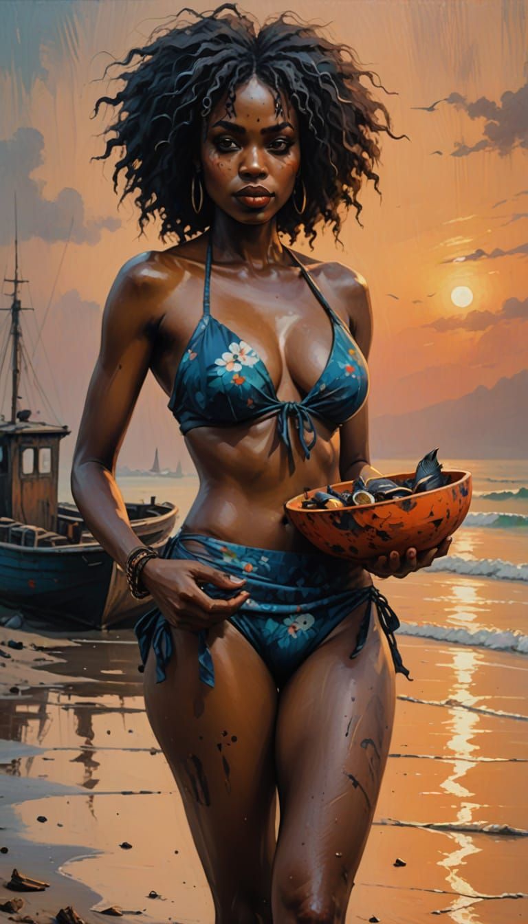 Beautiful Woman with Fish: Dark Fantasy Oil Painting