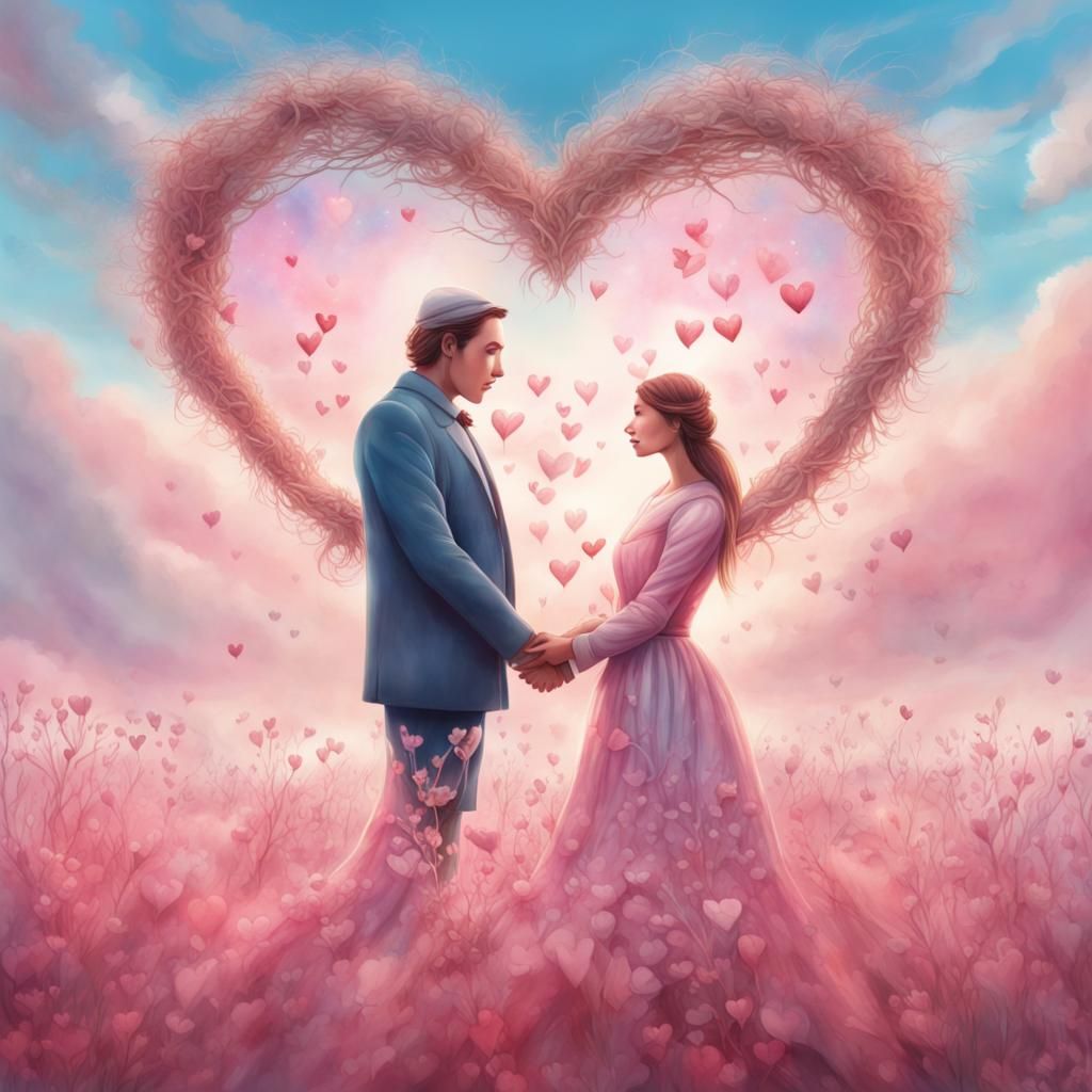 Romantic Couple with Lovebirds in Watercolor Sky