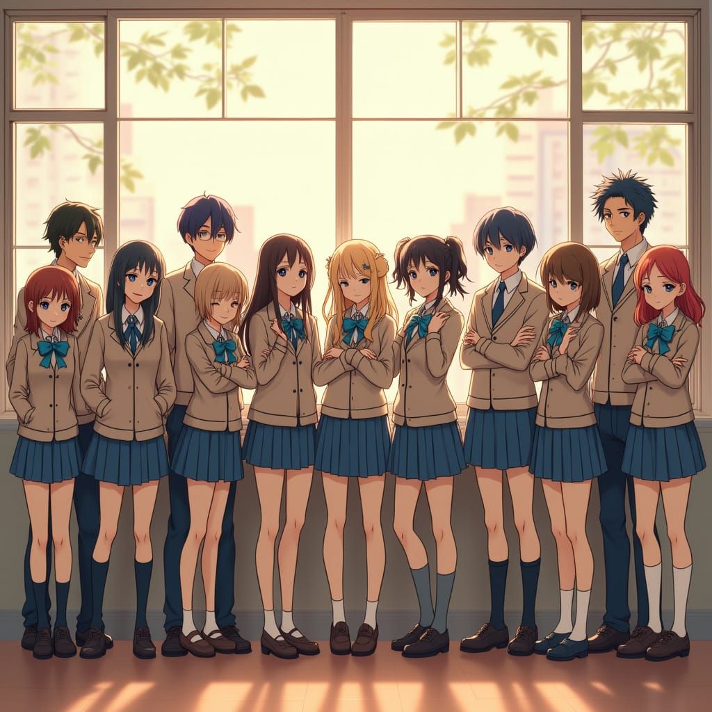 Sketchy Anime High School Students Pose in Front of a Sunlit...