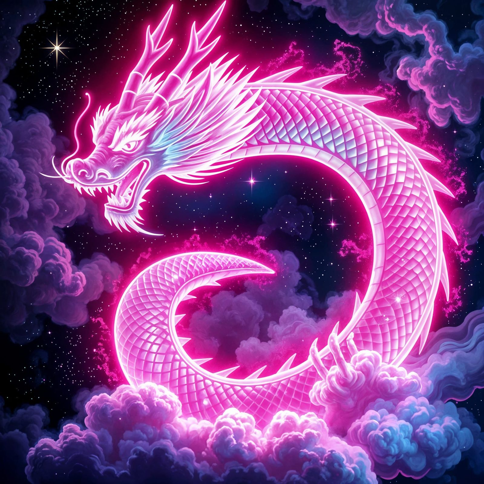 Neon Dragon in Cosmic Stardust, Impasto Acrylic Painting