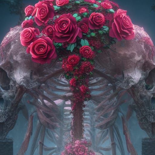 Skeleton Overgrown with Roses: Detailed Matte Painting