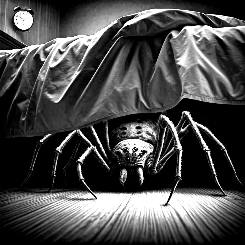 Evil Dream Demon Spider Crawls Out from Under Bed at Midnigh...