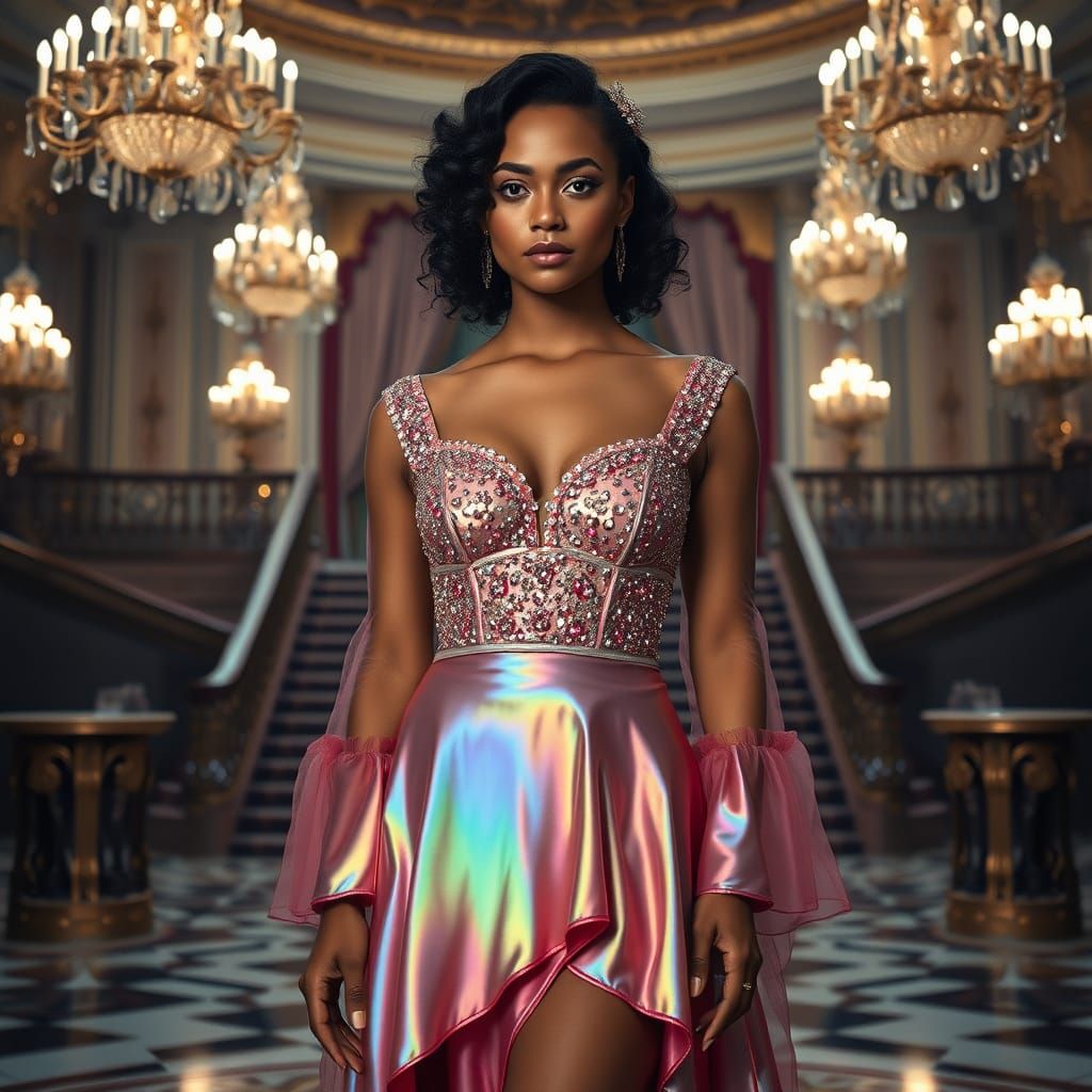 Elegant Woman in Iridescent Ballgown, Captured in Hyperreali...