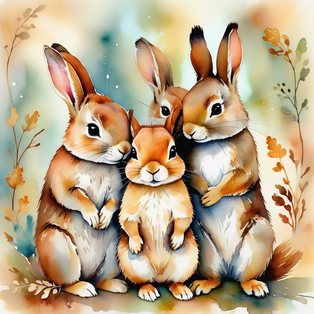 Elegant Rabbit and Squirrel in Watercolor Style