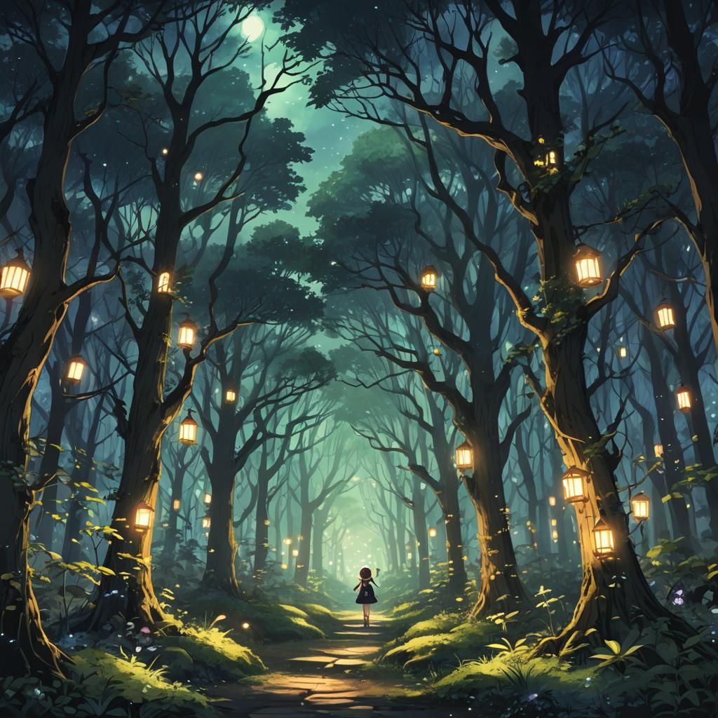 Magical Forest at Night in Anime Style