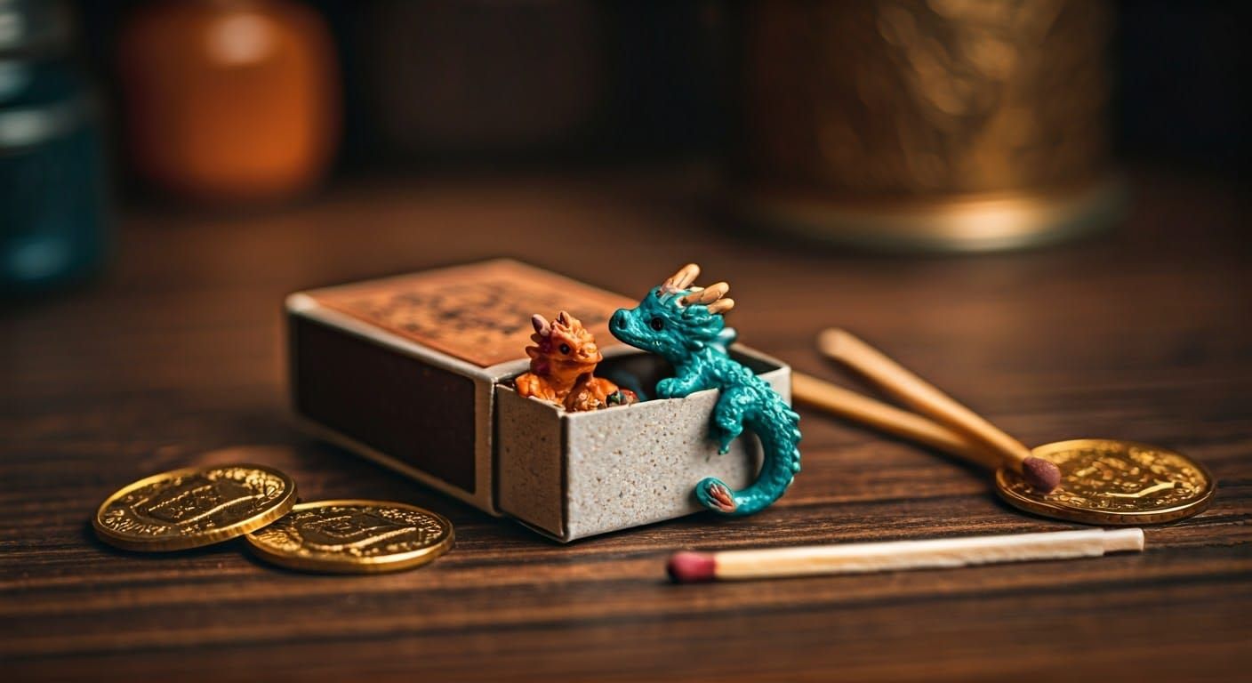 Miniature Oriental Dragon Friends Relax in Cozy Cardboard Ma...