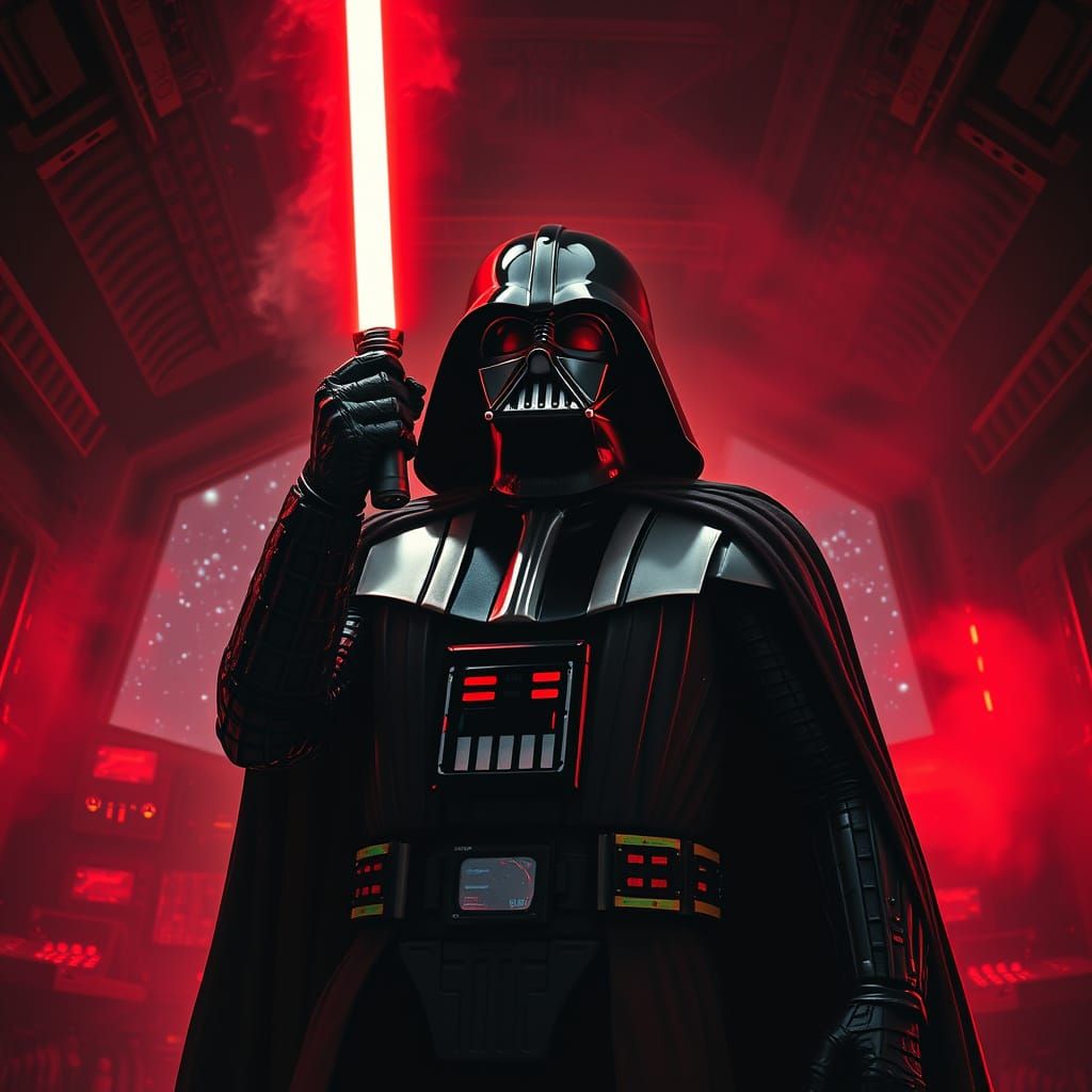 Dark Lord Vader Stands Tall in a Galactic Battle Scene
