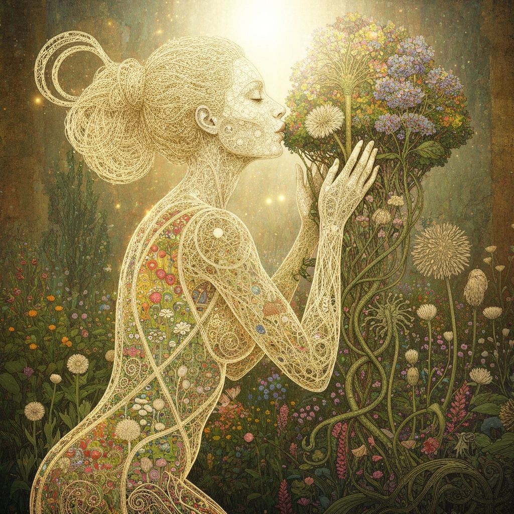 Filigree Woman Kisses Surreal Garden in Klimt & Haeckel Styl...