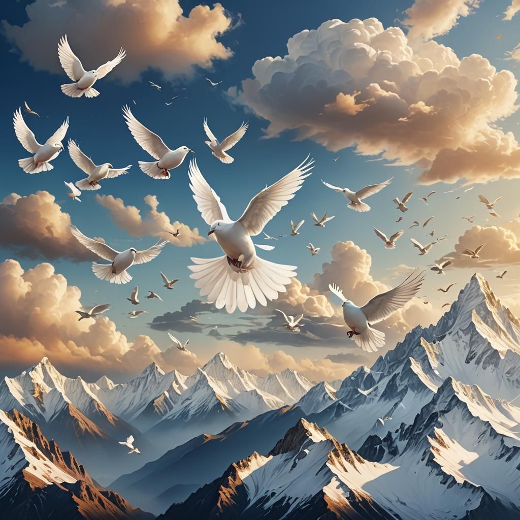Doves Fly Over Mountains: Fantastical Matte Painting