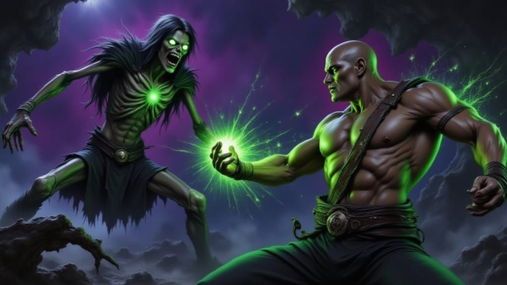 Chaos Monk Palm Strike vs Night Lich in Brutalist Style