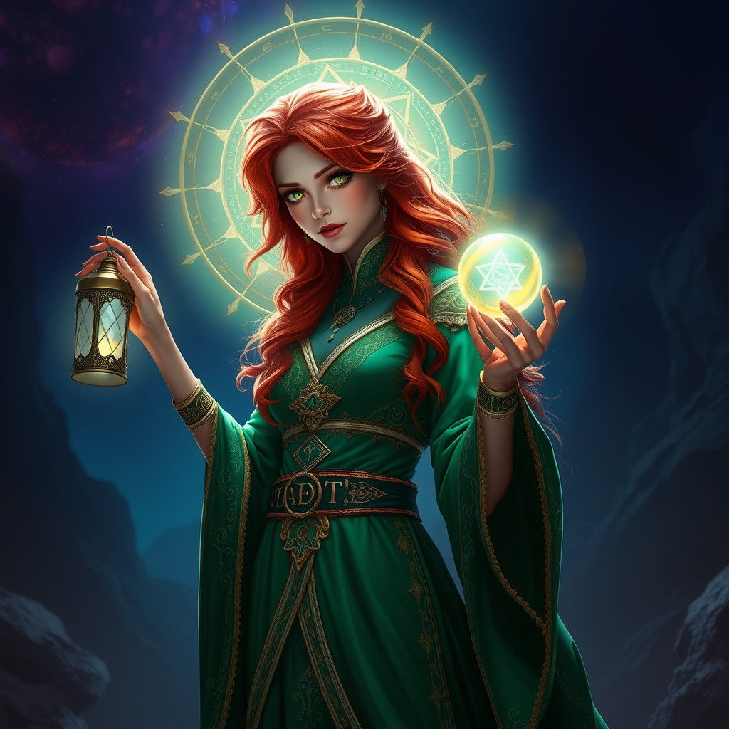 Mystical Woman with Lantern and Orb in Surreal Style