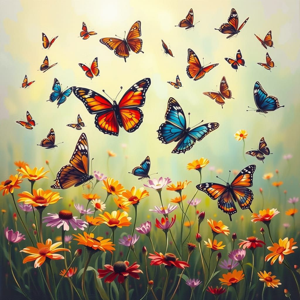 Vibrant Butterflies in Impressionistic Oil Painting Style