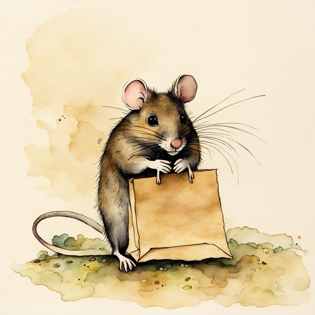Shy Mouse Hiding Under Paper Bag Illustration