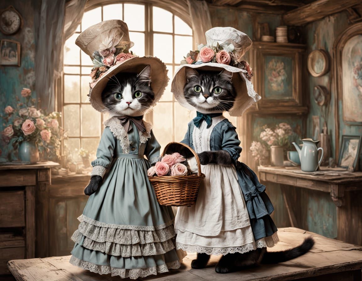Victorian Cats in Rustic Room, Vintage Impressionism Style