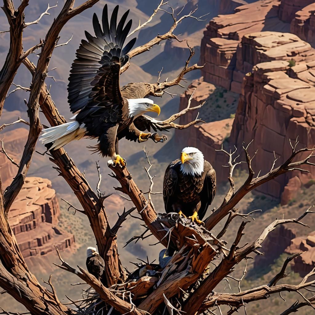 Eagle Family in Canyon Nest: Hyperrealistic Digital Art