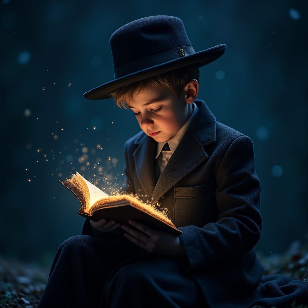 Serenely Floating Hasidic Youth in Starlight Attire Basks in...
