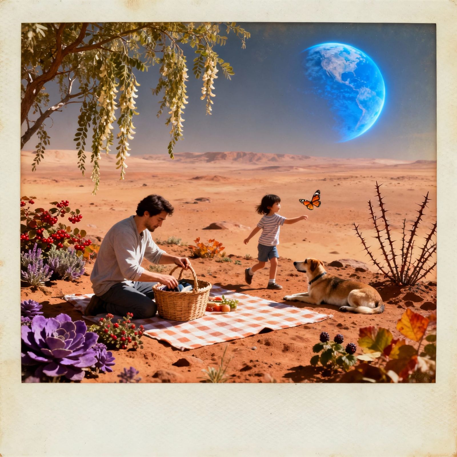 Family Picnic on Mars in 2050, Vintage Polaroid Style
