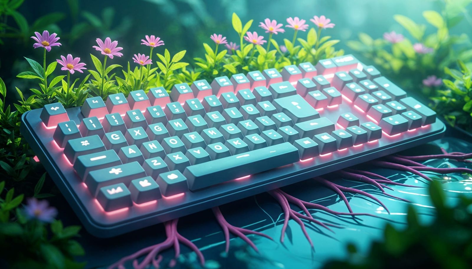 Futuristic Keyboard Garden with Glowing Greenery and Wildflo...