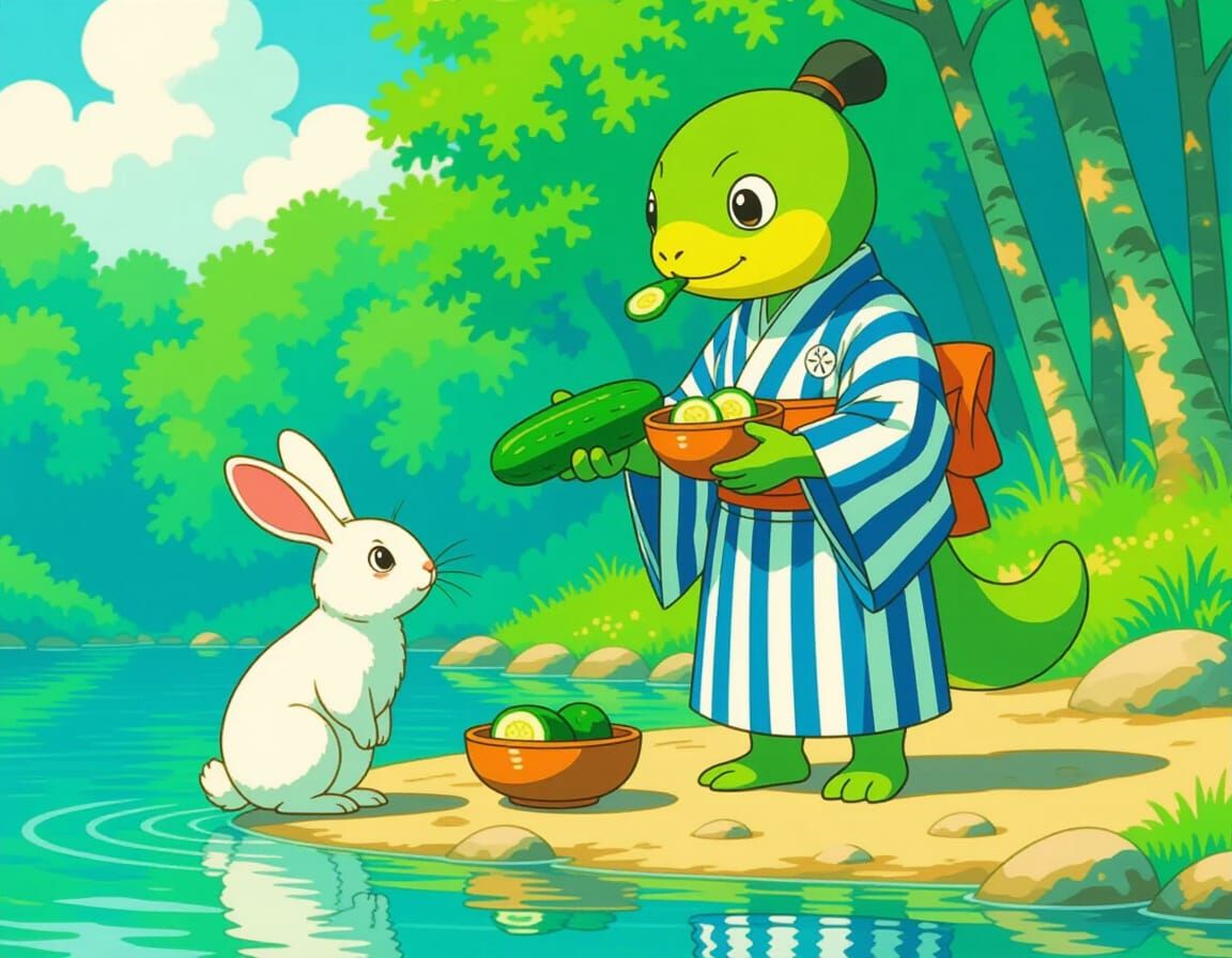 Kappa Shares Lunch With Rabbit in Anime Style