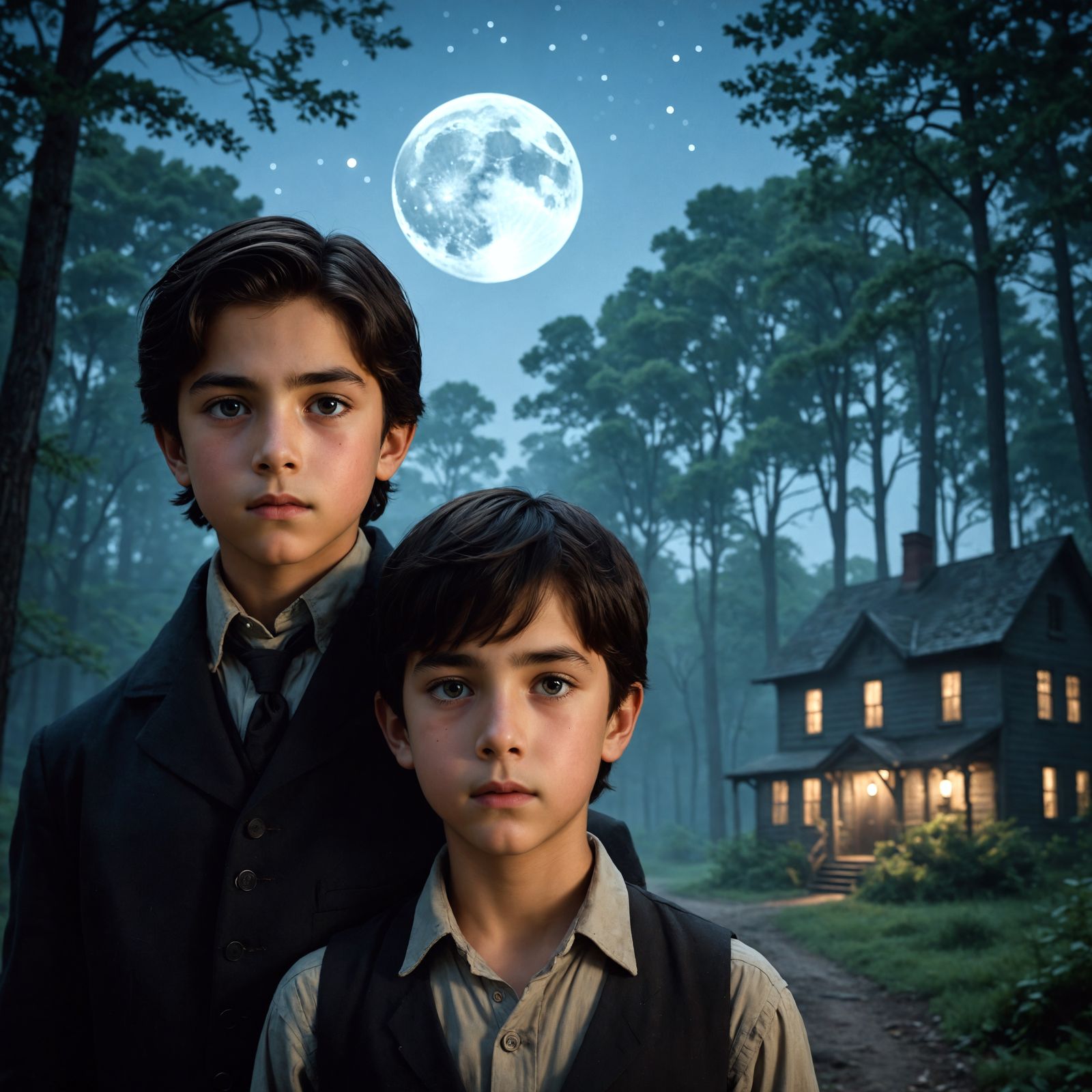 Gothic Harmony: Two Youths United in Moonlit Forest